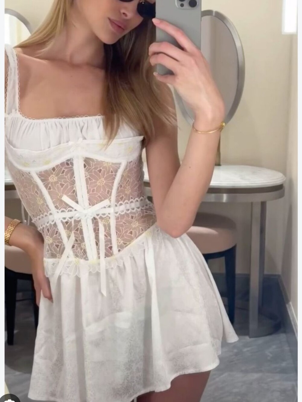 For Love And Lemons Large White Lace Sheer Corset Babydoll Dress